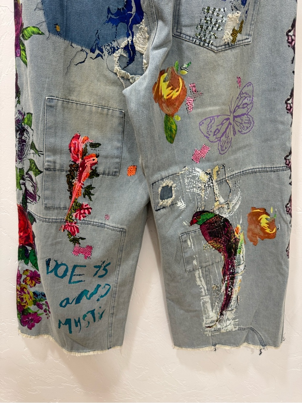 Hippie Indie Folk Art to Wear Festival Graffiti Floral Drop Crotch Jeans Medium - Picture 8 of 14